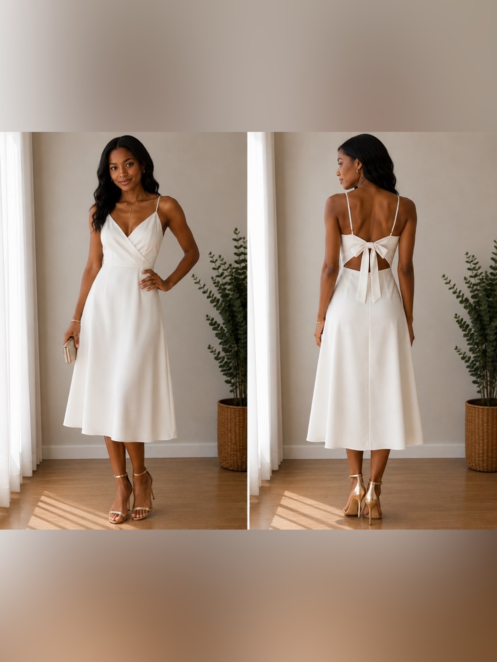 White Spaghetti-Strap Midi Dress with V-Neck